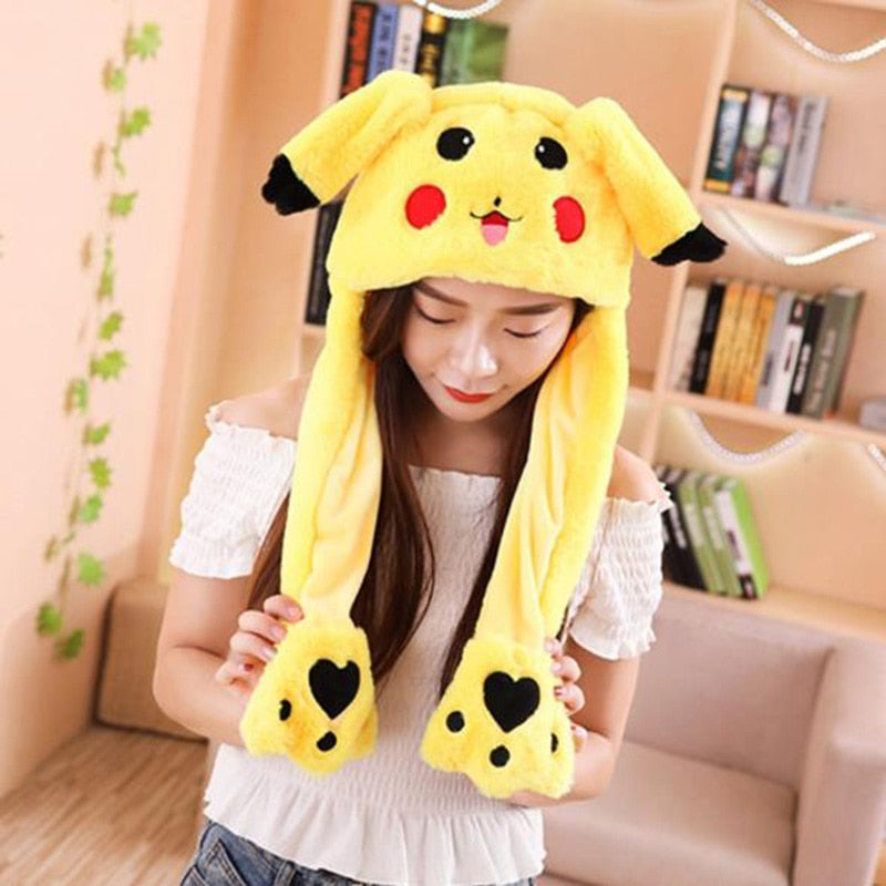 Cute Bunny Ears Hat Moving Pikachu Rabbit Soft Jumping Up Cap Funny Toy Girls Cartoon Kawaii Plush Hat Toys Gift for Adult Kids