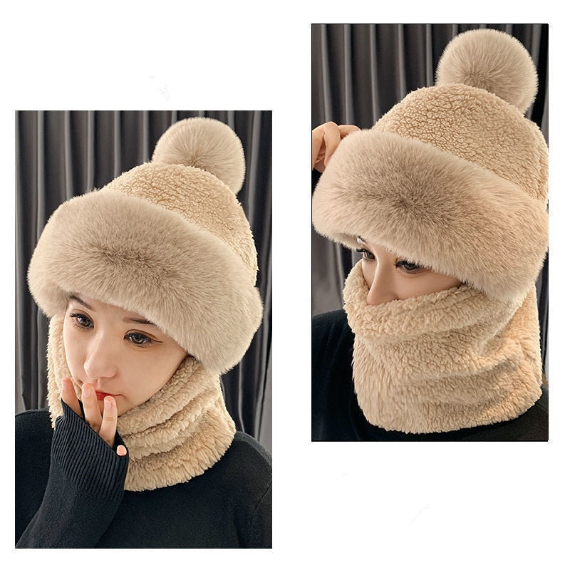 Winter Beanie Scarf Set Hooded for Women Fur Cashmere Neck Warm Russia Outdoor Ski Windproof Hat Thick Plush Fluffy Beanies