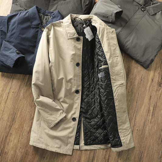 Men's Windproof Waterproof Thickened Thermal Quilted Mid-length Trench Coat