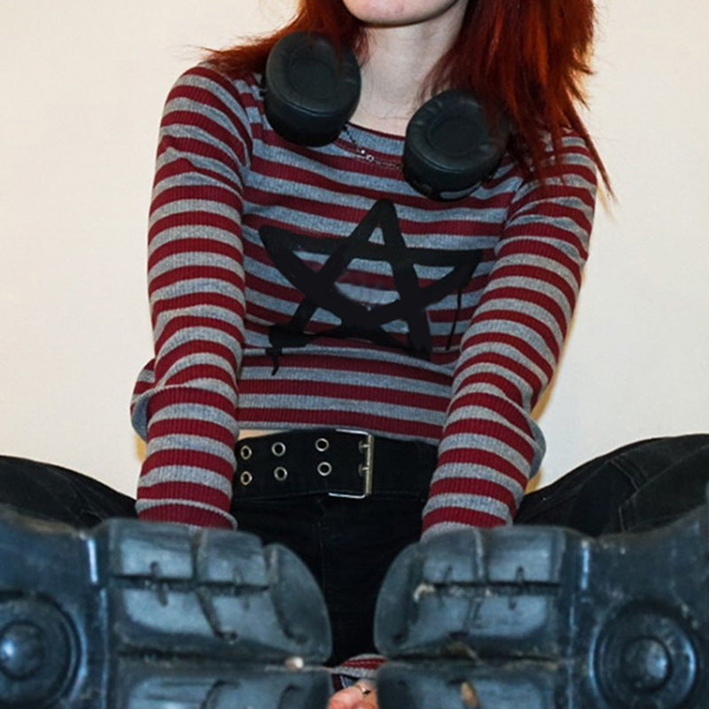 Crewneck Striped Pentagram Slim Fashion Long-sleeved T shirt