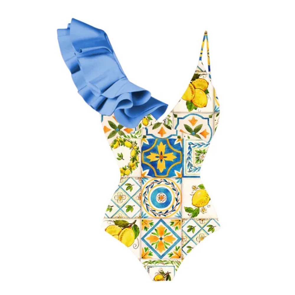 Female Retro Swimsuit &amp; Skirt Asymmetrical Holiday Beach Dress Designer Bathing Suit Vintage Summer Surf Wear