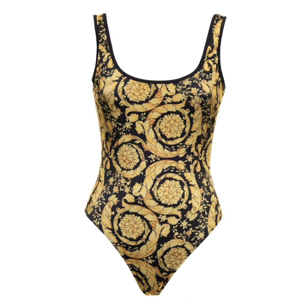 Female Retro Swimsuit Gold Backless Swimwear Vintage Holiday Beach Dress Designer Bathing Suit Summer Surf Wear Women Beachwear