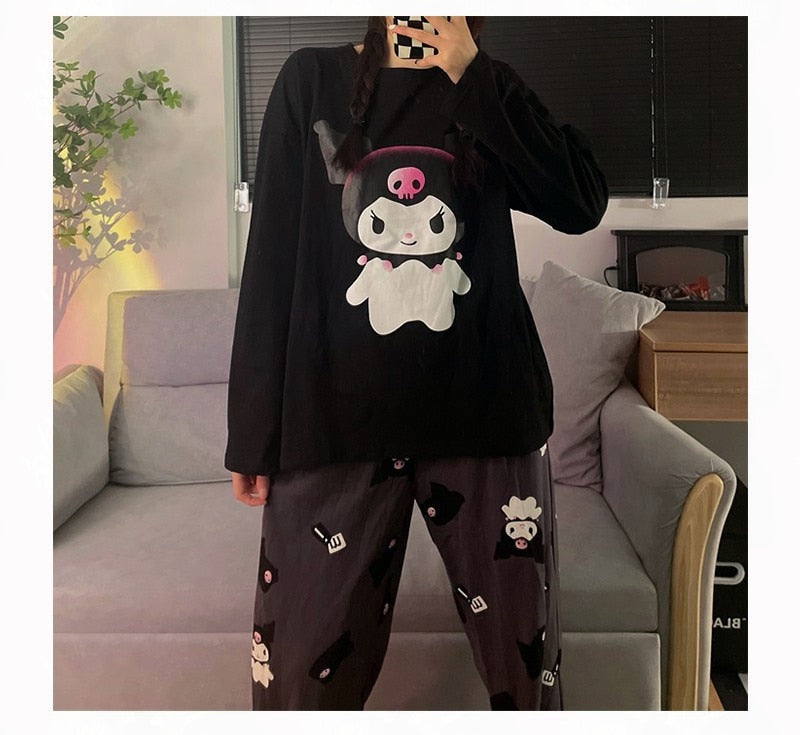 Kawaii Sanrio Kuromi New Autumn Kawaii Two Piece Pajamas Soft Home Wear Outgoing Girl Christmas Birthday Gift Clothes