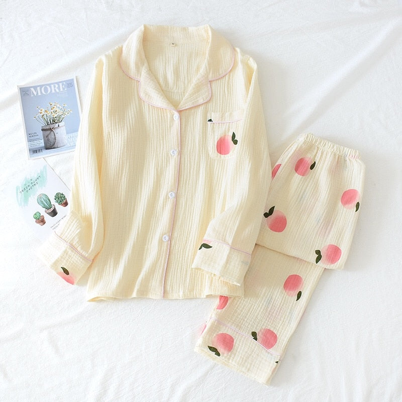 Spring New Ladies Pajamas Set Heart Printed Crepe Cotton Double-layer Gauze Turn-down Collar Long-sleeve Trousers Household Wear