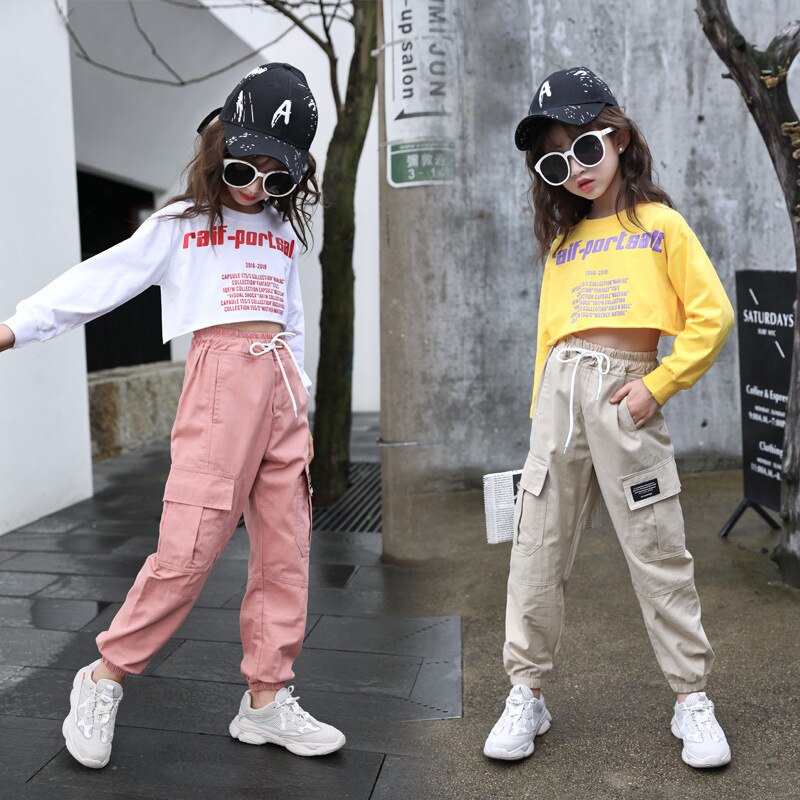 Trend Clothing Girls Pants Cotton Cargo Pants Multi-pocket Girls Sweatpants Elastic Waist Harem pants Kids Children Hip-hop Pant