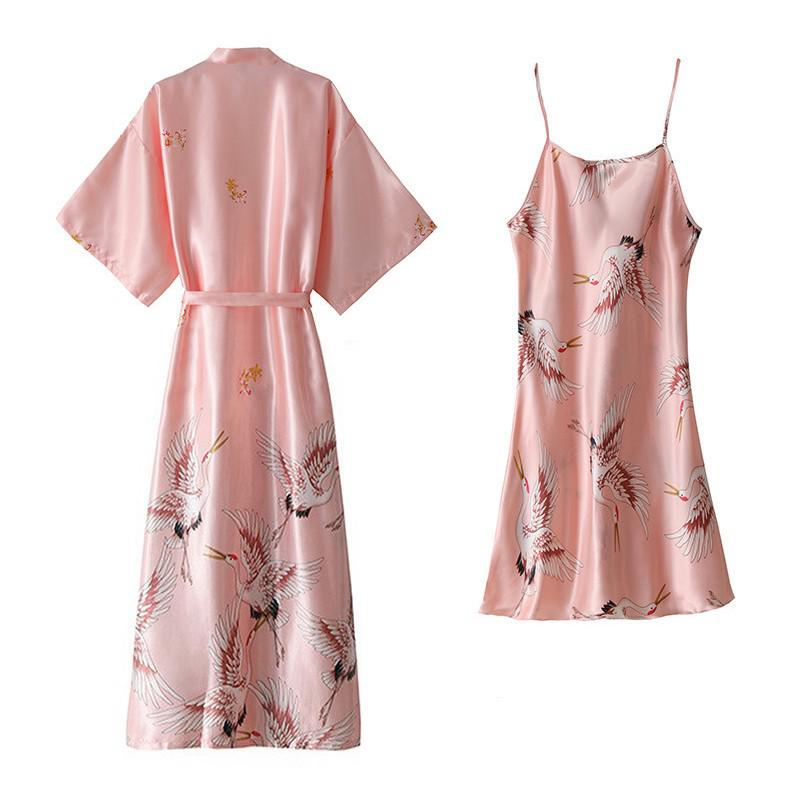 Sexy Nightwear Gown Set Women 2PC Pyjama V-Neck Pajamas Silky Sleepwear Spring Lady Sleep Suit Robe Wear Home Negligee Homewear