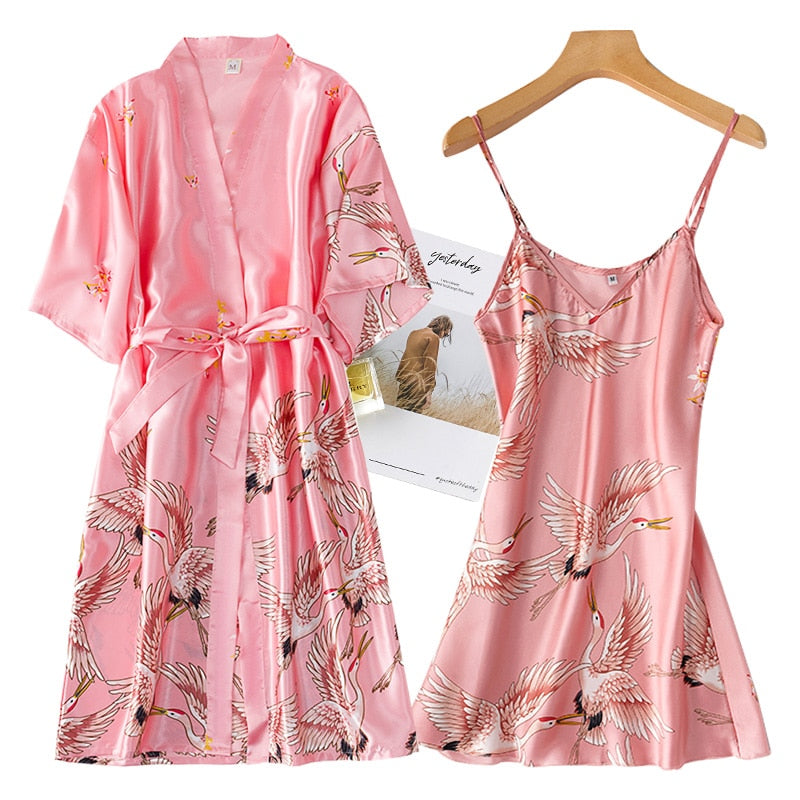 Sexy Nightwear Gown Set Women 2PC Pyjama V-Neck Pajamas Silky Sleepwear Spring Lady Sleep Suit Robe Wear Home Negligee Homewear