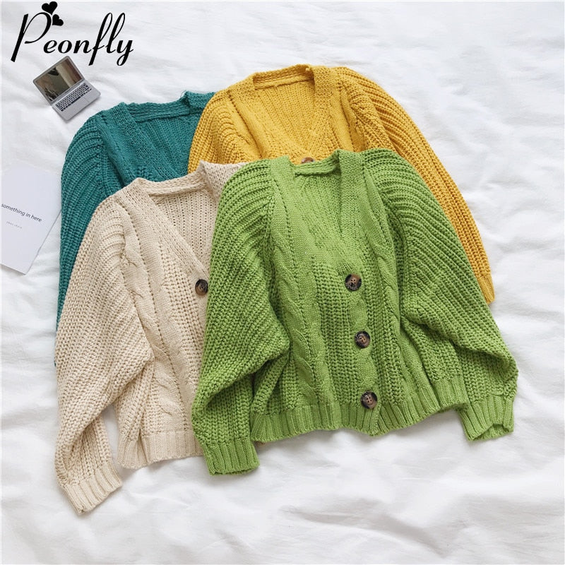 PEONFLY Style Knitted Sweater Cardigans Women Long Sleeve Single Breaster Female Cardigan Solid Sweaters Sueter Mujer