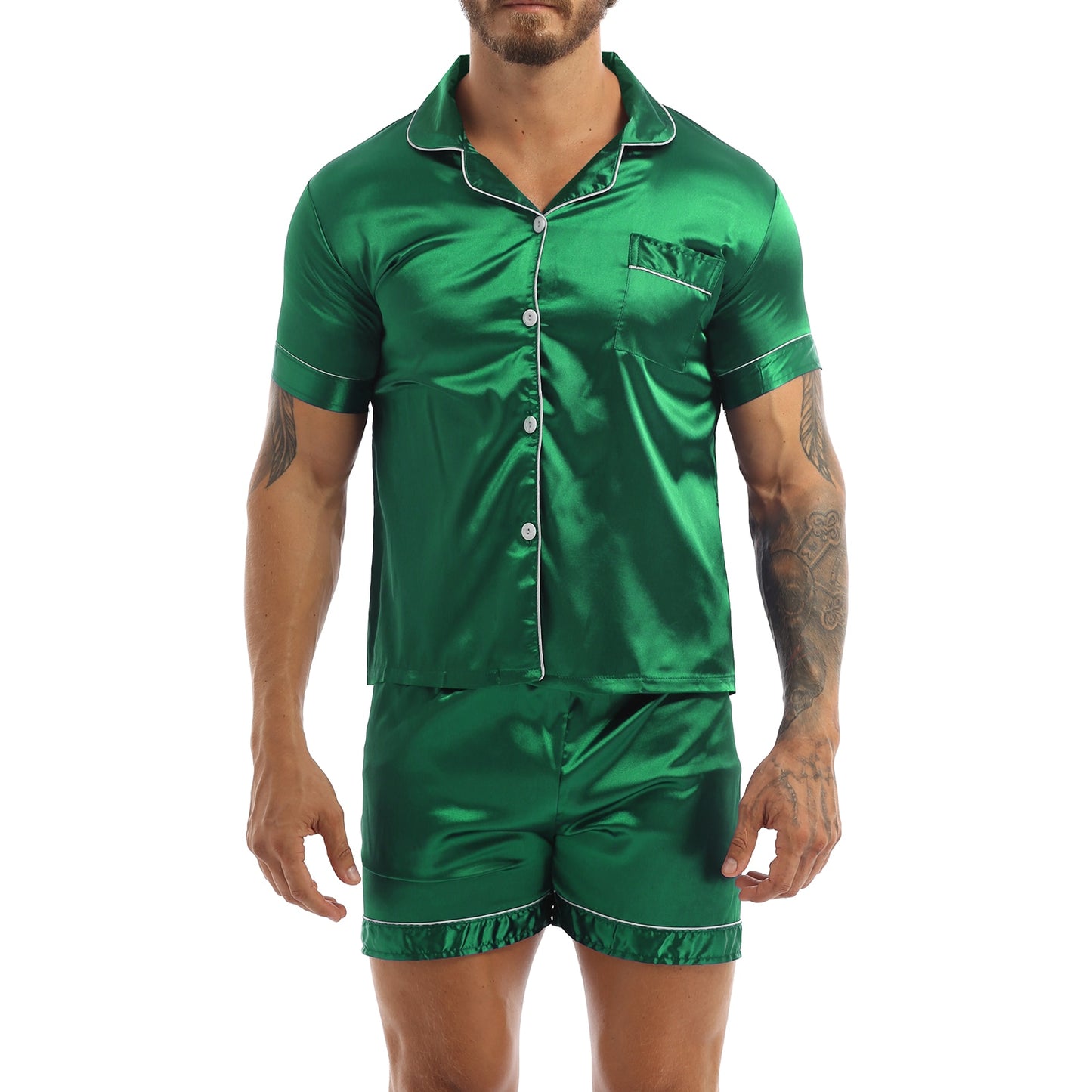 Fashion Mens Silky Satin Pajamas Set Solid Color Short Sleeves Button T-Shirt Tops with Elastic Waistband Boxer Shorts Sleepwear