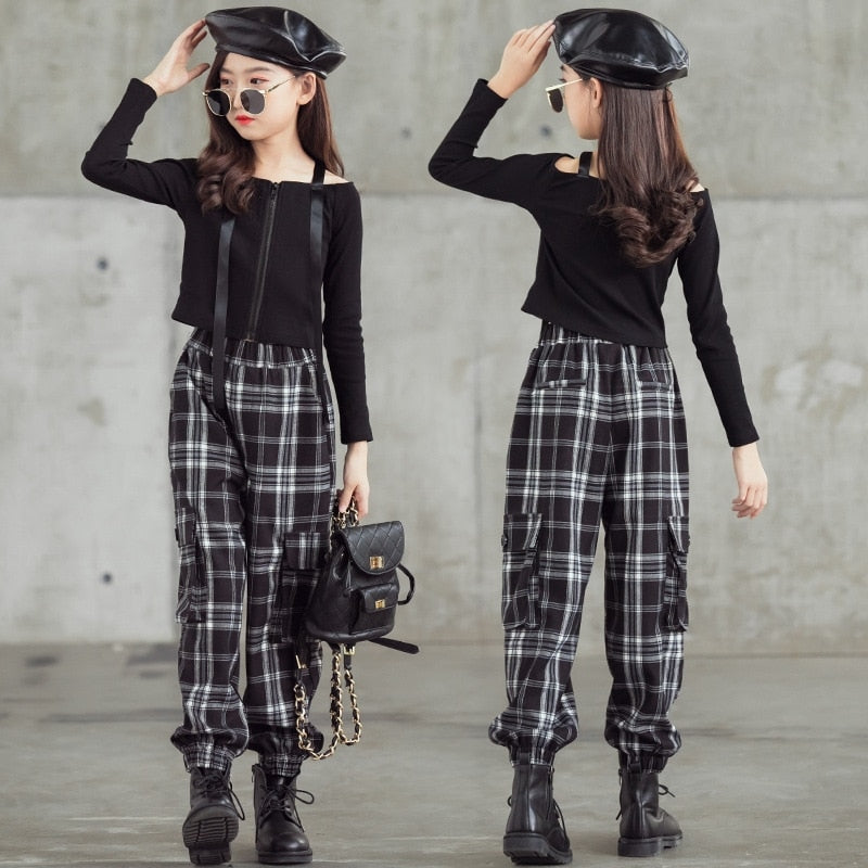 Kids Girls Clothing Sets 2023 Autumn Long Sleeve T-shirts + Plaid Wide Leg Pants 2PCS Children's Clothes Teenage 6 8 10 12 Years