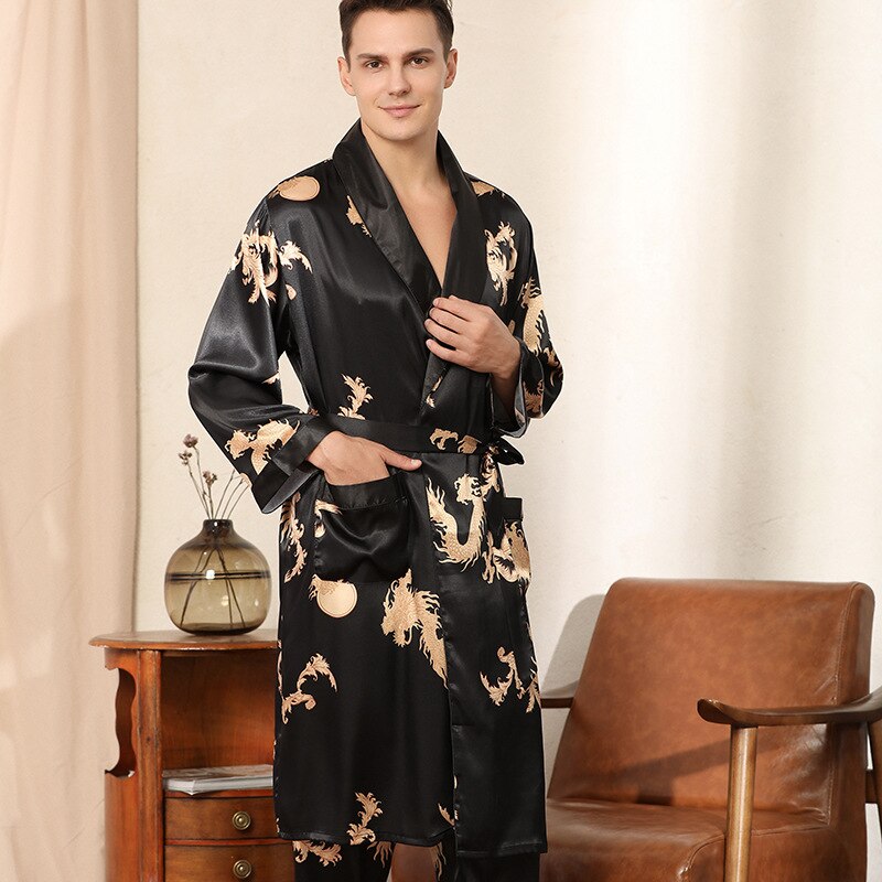 Male Satin Sleepwear Robe&amp;Pants Dargon Pajamas Set Print Men Nightwear Kimono Bathrobe Gown Faux Silk Lounge Wear Home Clothes