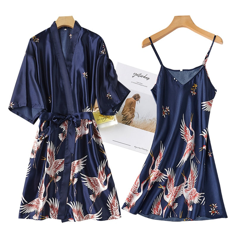 Sexy Nightwear Gown Set Women 2PC Pyjama V-Neck Pajamas Silky Sleepwear Spring Lady Sleep Suit Robe Wear Home Negligee Homewear