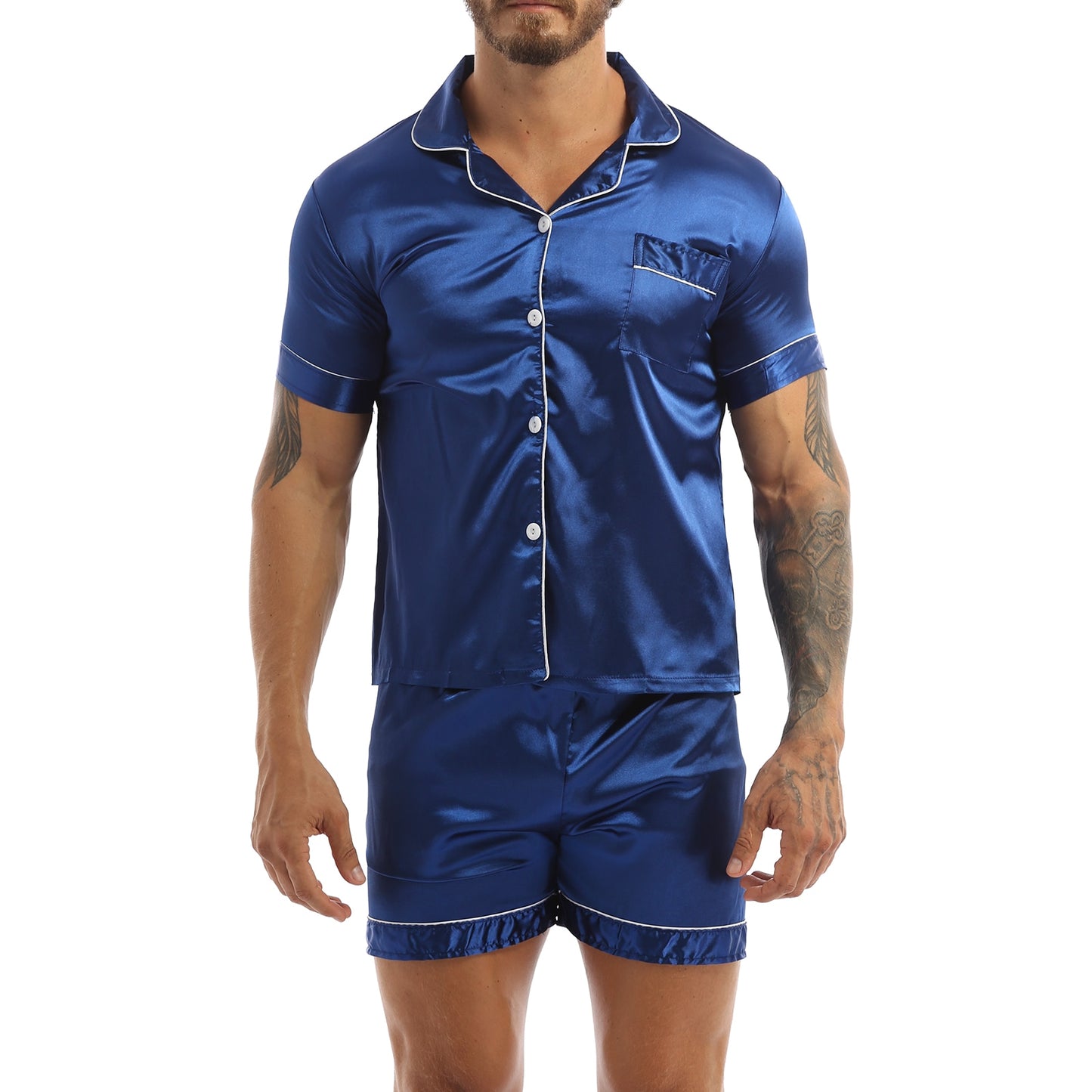 Fashion Mens Silky Satin Pajamas Set Solid Color Short Sleeves Button T-Shirt Tops with Elastic Waistband Boxer Shorts Sleepwear