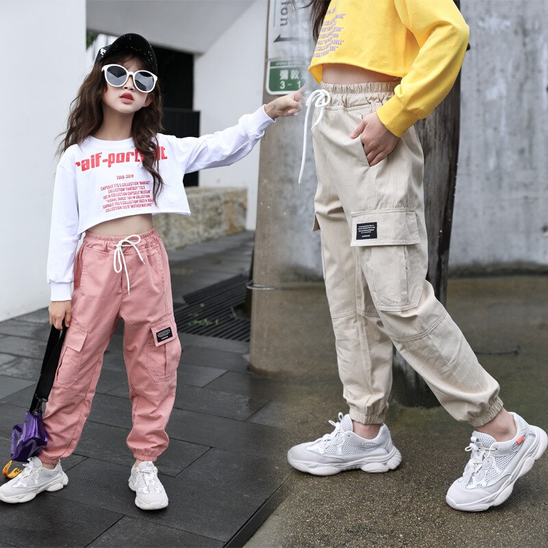 Trend Clothing Girls Pants Cotton Cargo Pants Multi-pocket Girls Sweatpants Elastic Waist Harem pants Kids Children Hip-hop Pant