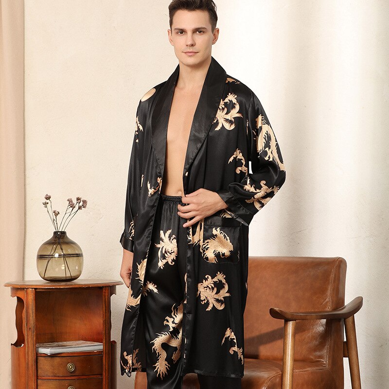 Male Satin Sleepwear Robe&amp;Pants Dargon Pajamas Set Print Men Nightwear Kimono Bathrobe Gown Faux Silk Lounge Wear Home Clothes
