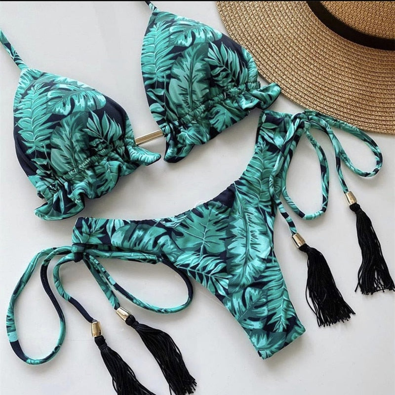 New Sport Swimwear Female Push Up Bikinis Sexy Bandage Women Swimsuit Print Two-Piece Bathing Suit Beach Wear