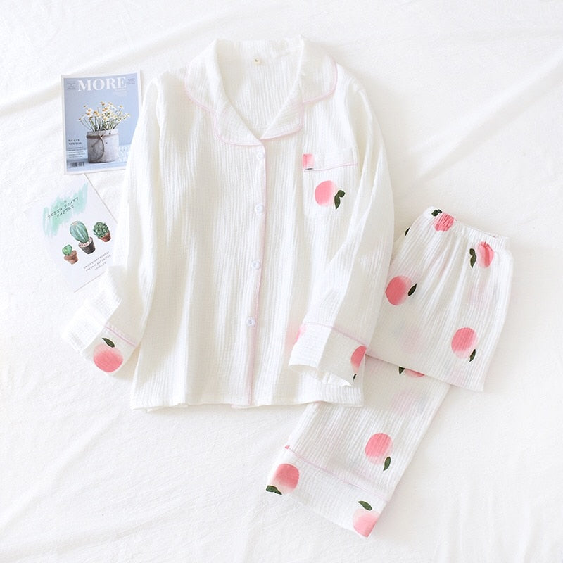 Spring New Ladies Pajamas Set Heart Printed Crepe Cotton Double-layer Gauze Turn-down Collar Long-sleeve Trousers Household Wear