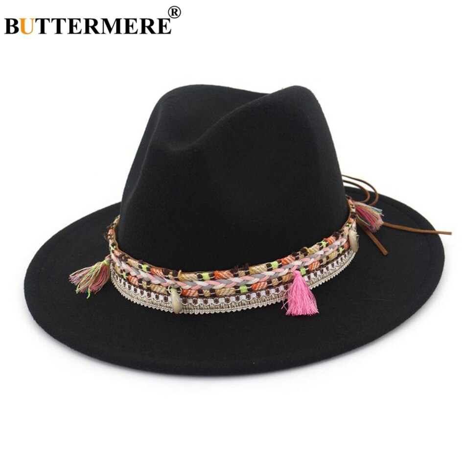 BUTTERMERE Womens Fedora Hat Wool Khaki Jazz Hats Female National Casual Large Brim Vintage Autumn Classic Felt Hat And Cap