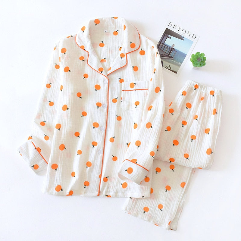 Spring New Ladies Pajamas Set Heart Printed Crepe Cotton Double-layer Gauze Turn-down Collar Long-sleeve Trousers Household Wear