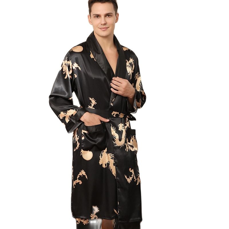 Male Satin Sleepwear Robe&amp;Pants Dargon Pajamas Set Print Men Nightwear Kimono Bathrobe Gown Faux Silk Lounge Wear Home Clothes