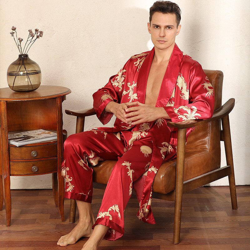 Male Satin Sleepwear Robe&amp;Pants Dargon Pajamas Set Print Men Nightwear Kimono Bathrobe Gown Faux Silk Lounge Wear Home Clothes