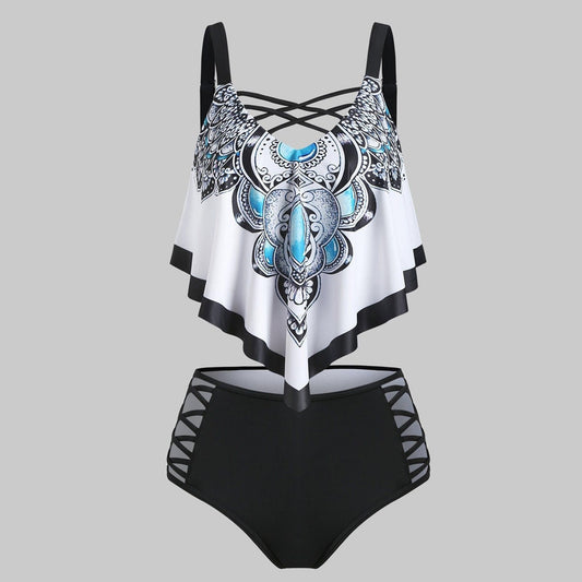 Women Boh Print Ruffles Halter Bukini Push-Up Padded Overlay Flounce Crisscross Tankini Swimwear High Waist Bikini Set Monokini