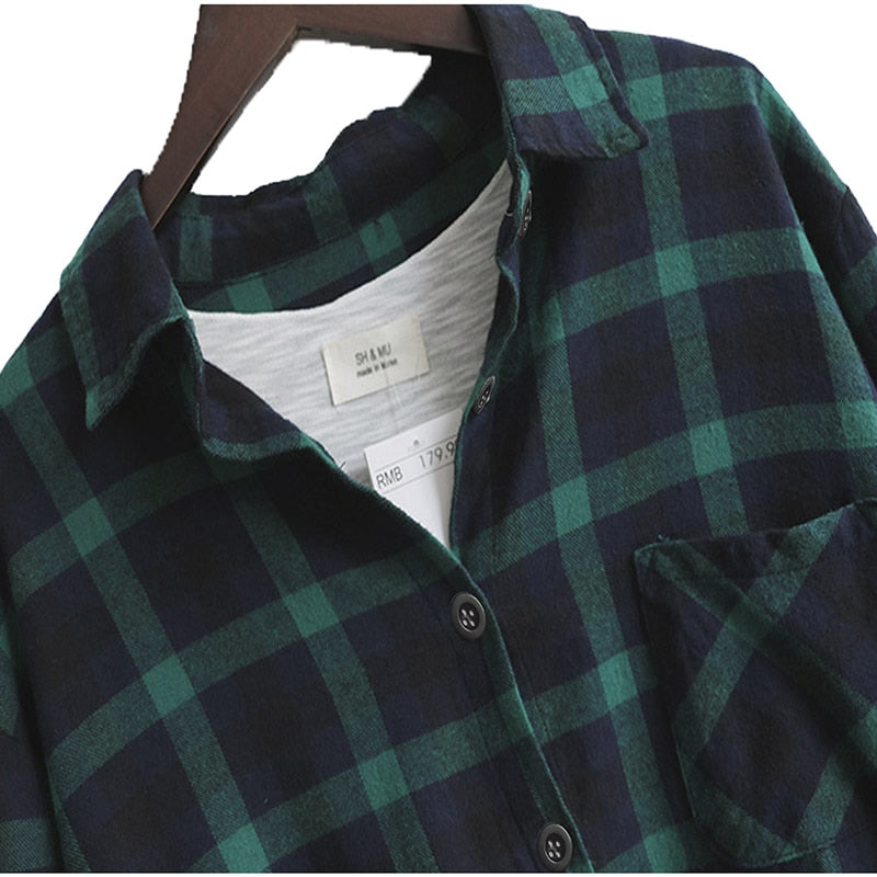 Women Blouse Shirt Loose Casual Plaid Shirts Long Sleeve Large Size Tops Womens Blouses Red Green