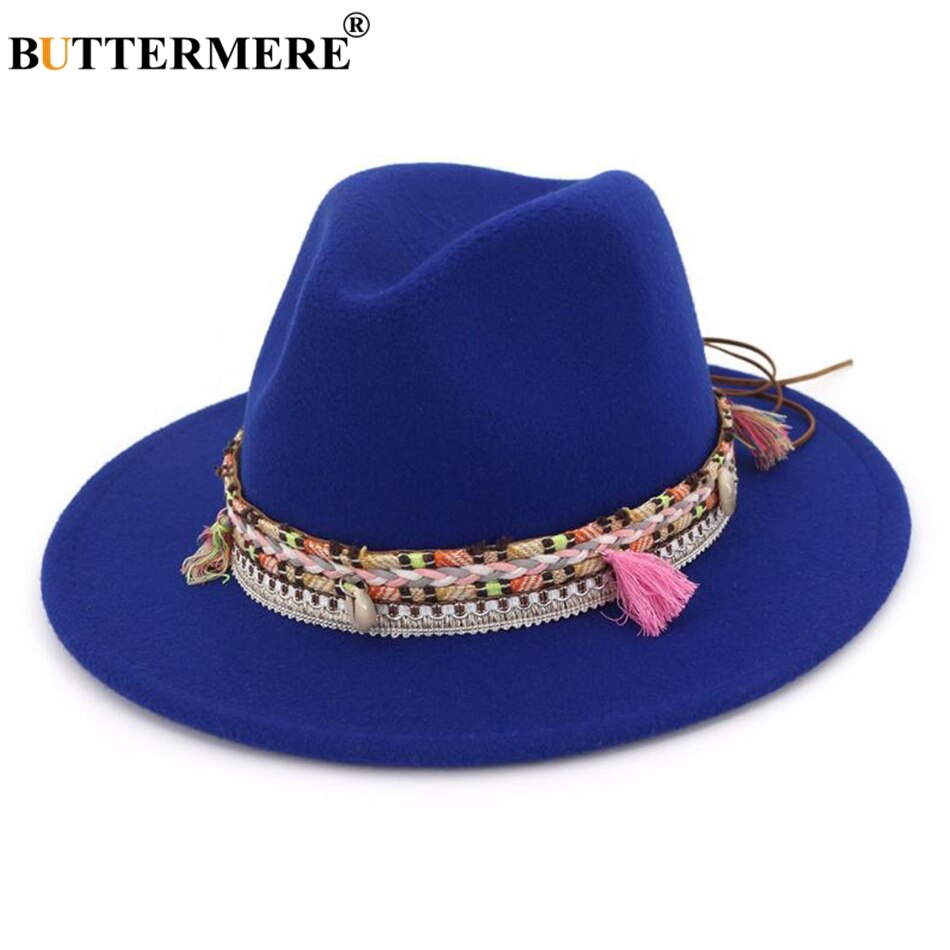 BUTTERMERE Womens Fedora Hat Wool Khaki Jazz Hats Female National Casual Large Brim Vintage Autumn Classic Felt Hat And Cap