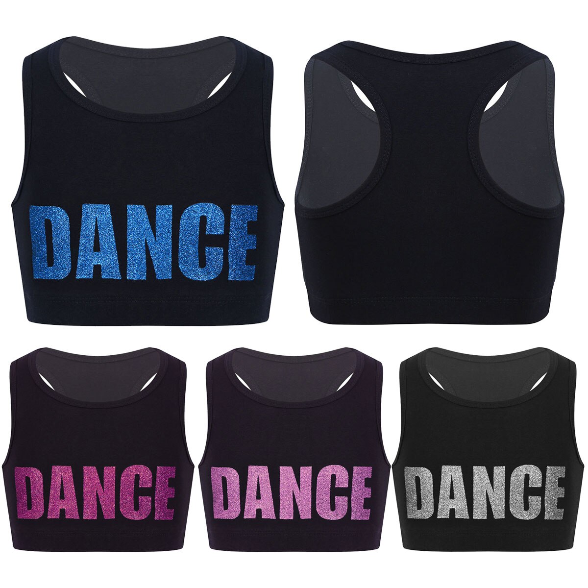Kids Girls Sleeveless Shiny Letters DANCE Printed Crop Top Sports Gymnastics Ballet Tops Stage Performance Dance Costume