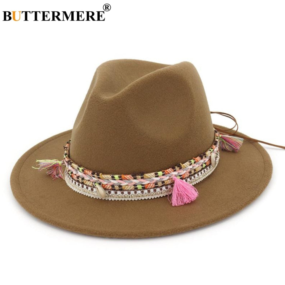 BUTTERMERE Womens Fedora Hat Wool Khaki Jazz Hats Female National Casual Large Brim Vintage Autumn Classic Felt Hat And Cap
