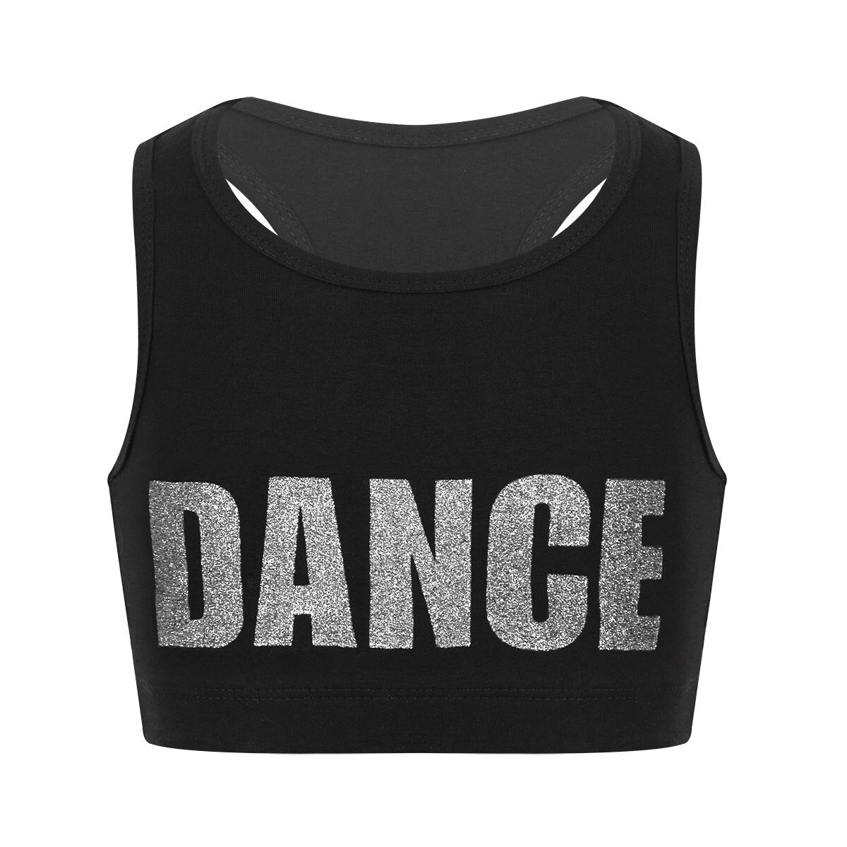 Kids Girls Sleeveless Shiny Letters DANCE Printed Crop Top Sports Gymnastics Ballet Tops Stage Performance Dance Costume