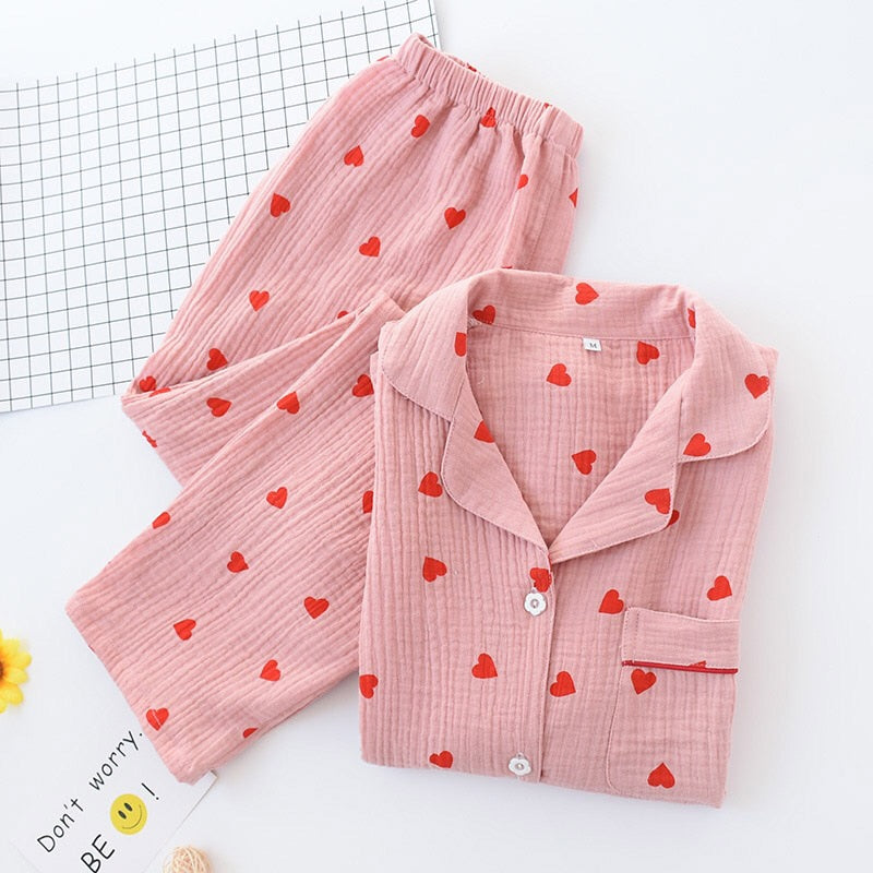Spring New Ladies Pajamas Set Heart Printed Crepe Cotton Double-layer Gauze Turn-down Collar Long-sleeve Trousers Household Wear