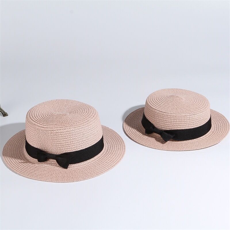 Summer Parent-child Beach Hat Female Casual Panama Hat Lady Brand Women Flat brim Bowknot Straw cap girls Sun Hat