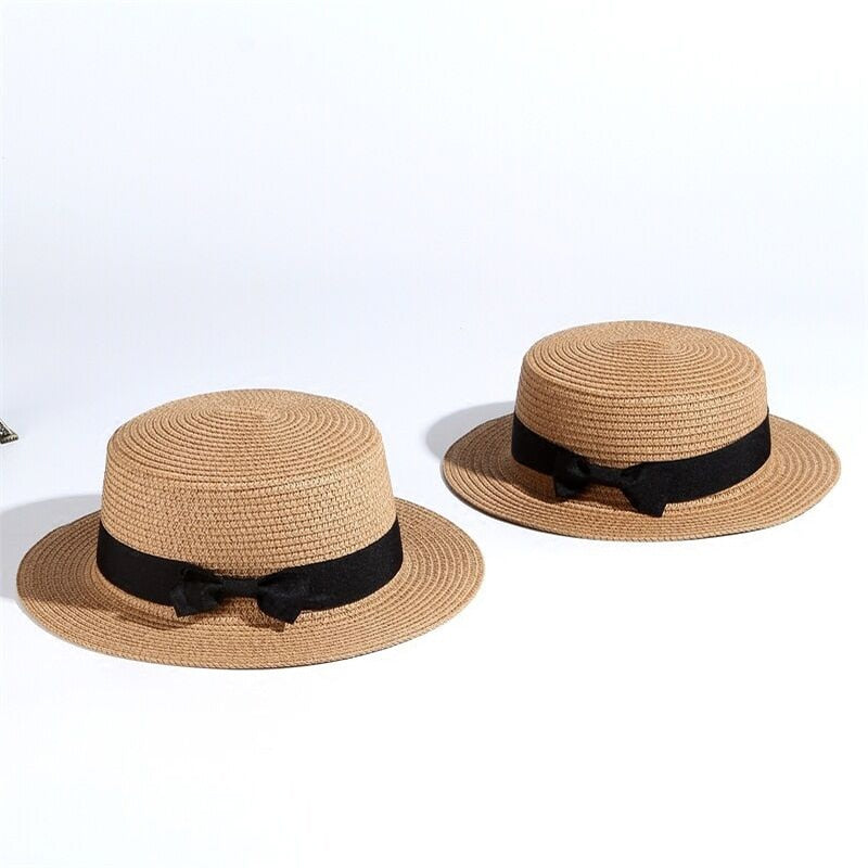 Summer Parent-child Beach Hat Female Casual Panama Hat Lady Brand Women Flat brim Bowknot Straw cap girls Sun Hat