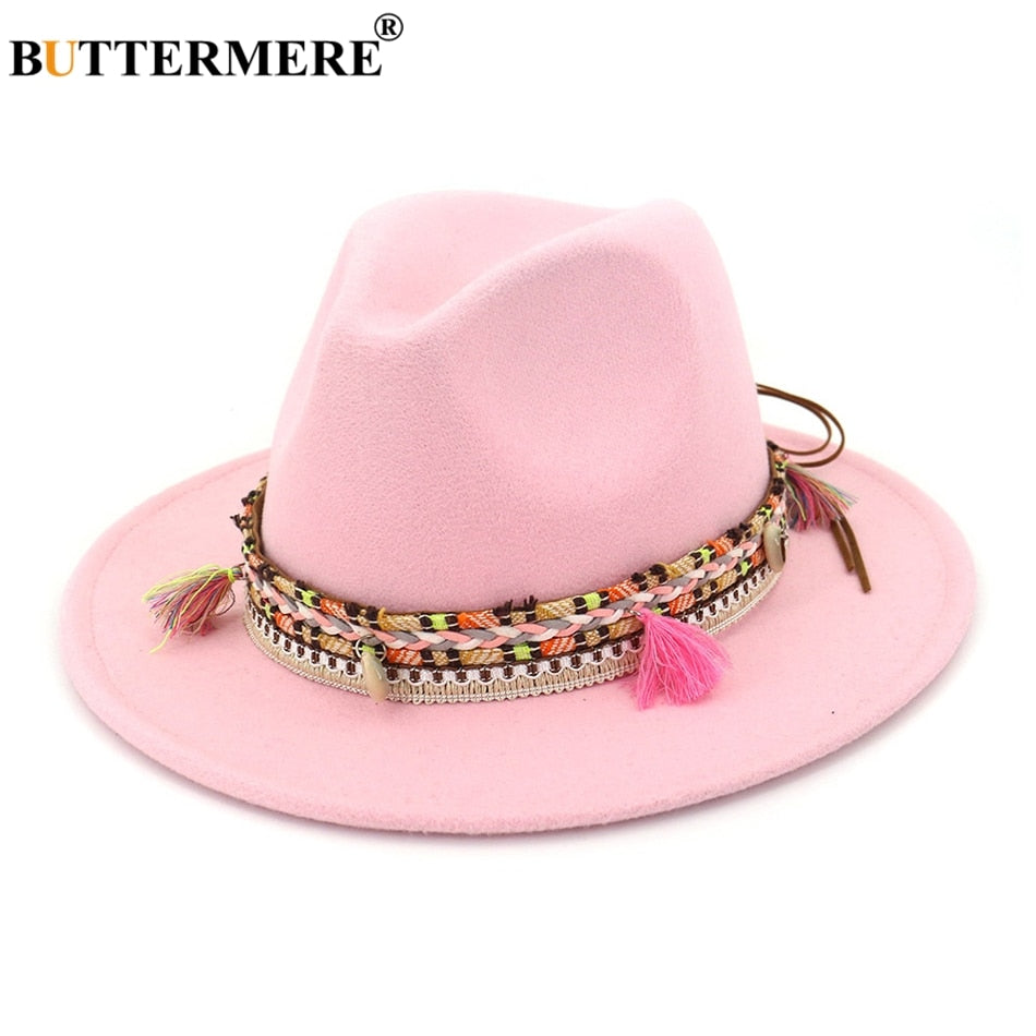 BUTTERMERE Womens Fedora Hat Wool Khaki Jazz Hats Female National Casual Large Brim Vintage Autumn Classic Felt Hat And Cap