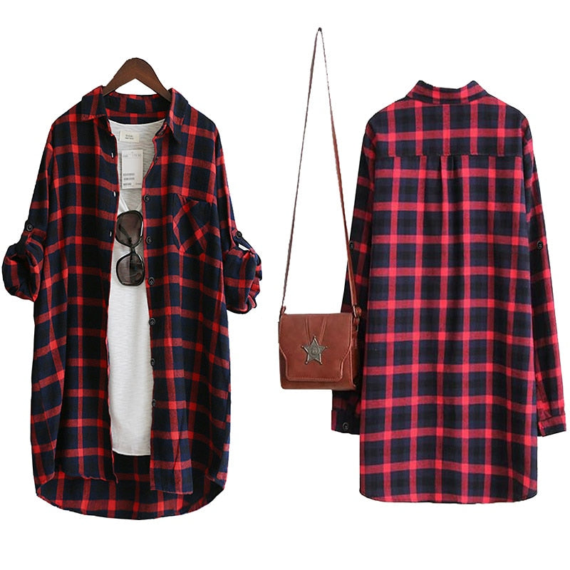 Women Blouse Shirt Loose Casual Plaid Shirts Long Sleeve Large Size Tops Womens Blouses Red Green