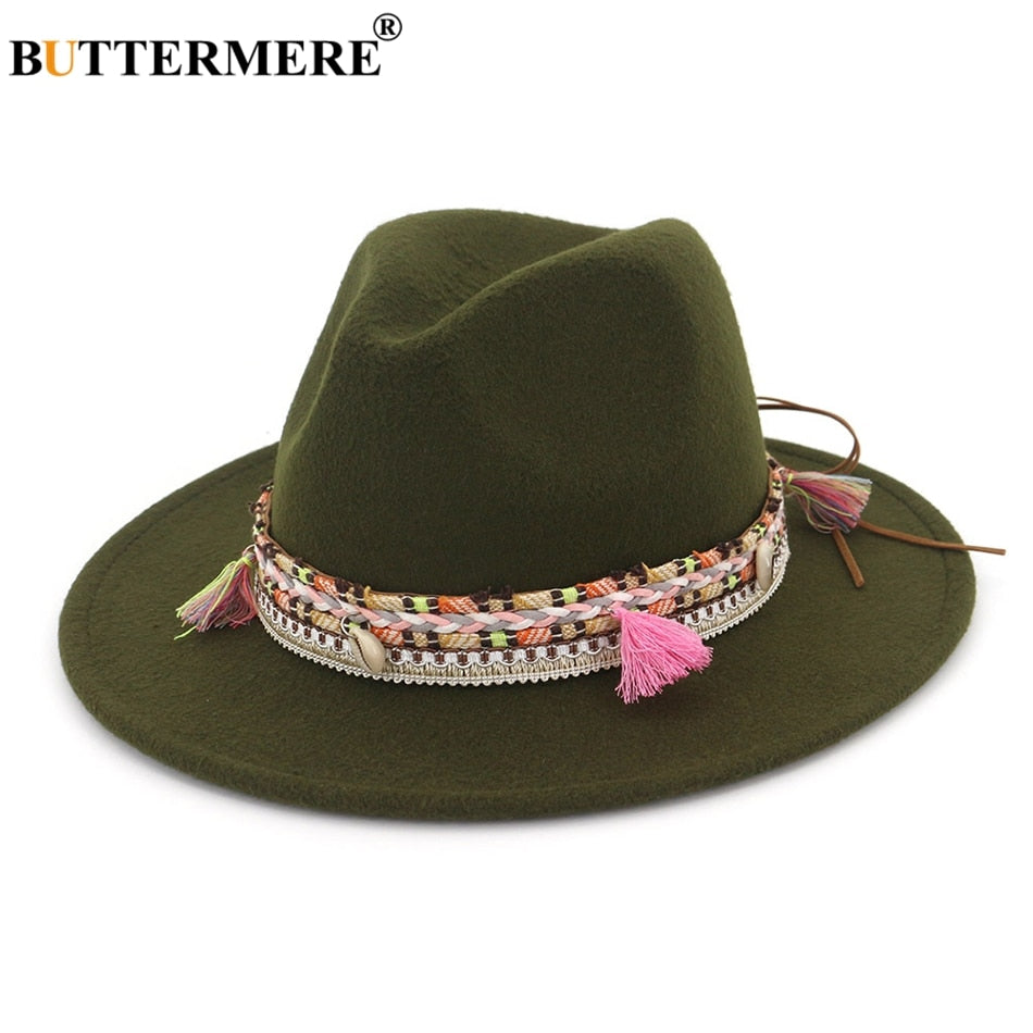 BUTTERMERE Womens Fedora Hat Wool Khaki Jazz Hats Female National Casual Large Brim Vintage Autumn Classic Felt Hat And Cap