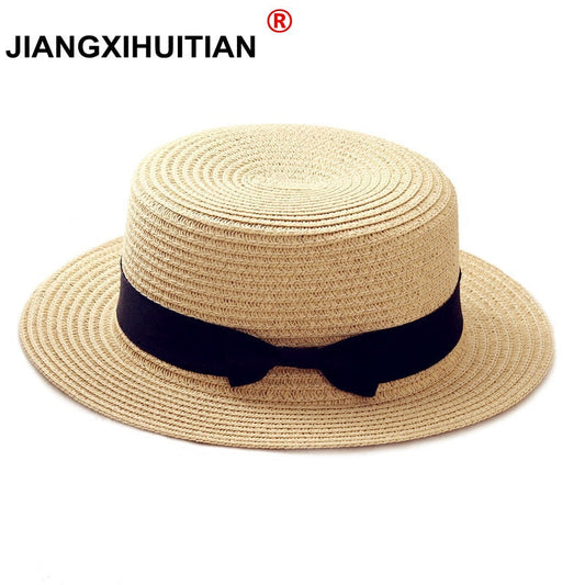 Summer Parent-child Beach Hat Female Casual Panama Hat Lady Brand Women Flat brim Bowknot Straw cap girls Sun Hat