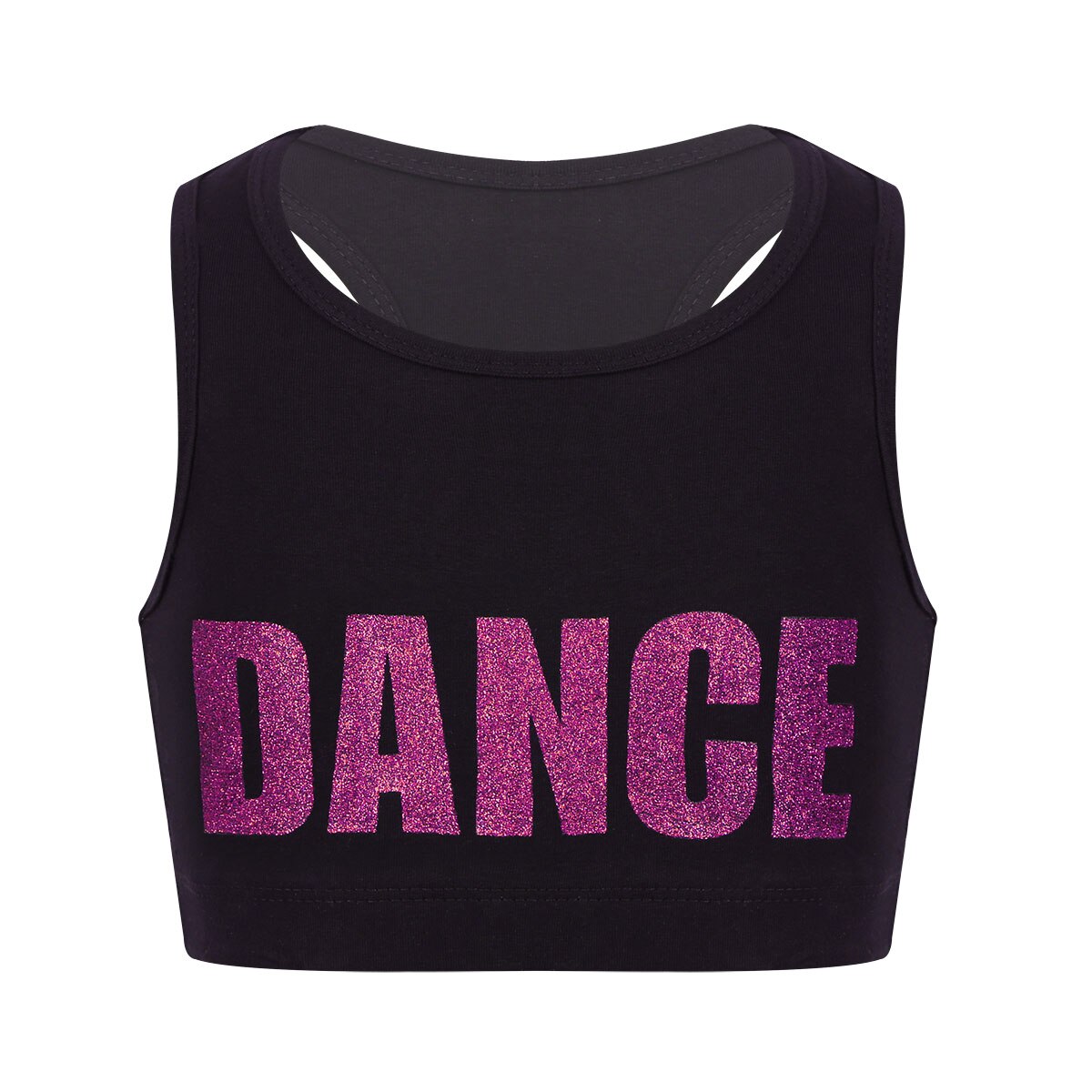 Kids Girls Sleeveless Shiny Letters DANCE Printed Crop Top Sports Gymnastics Ballet Tops Stage Performance Dance Costume