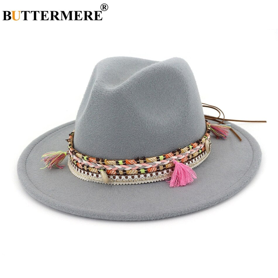 BUTTERMERE Womens Fedora Hat Wool Khaki Jazz Hats Female National Casual Large Brim Vintage Autumn Classic Felt Hat And Cap