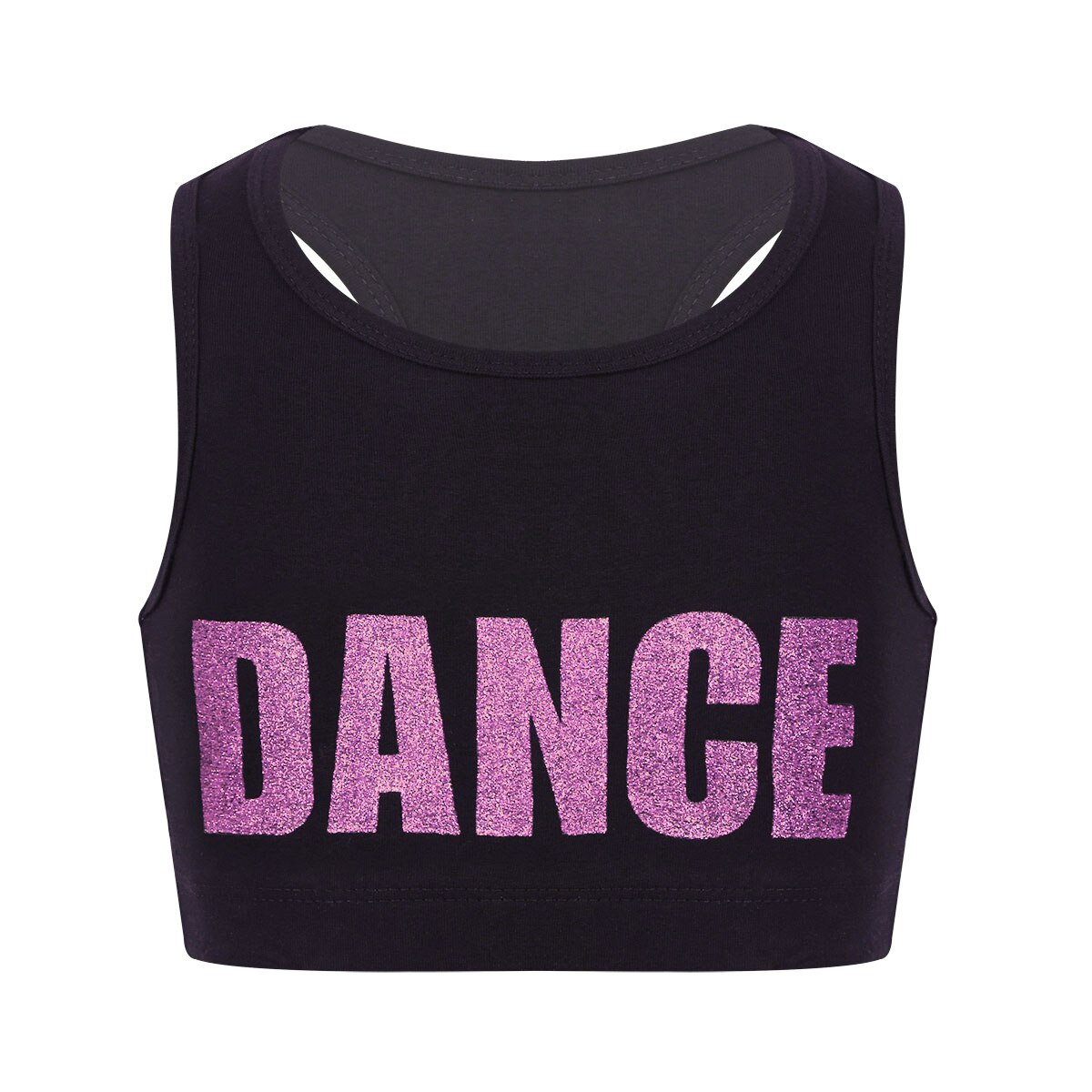 Kids Girls Sleeveless Shiny Letters DANCE Printed Crop Top Sports Gymnastics Ballet Tops Stage Performance Dance Costume
