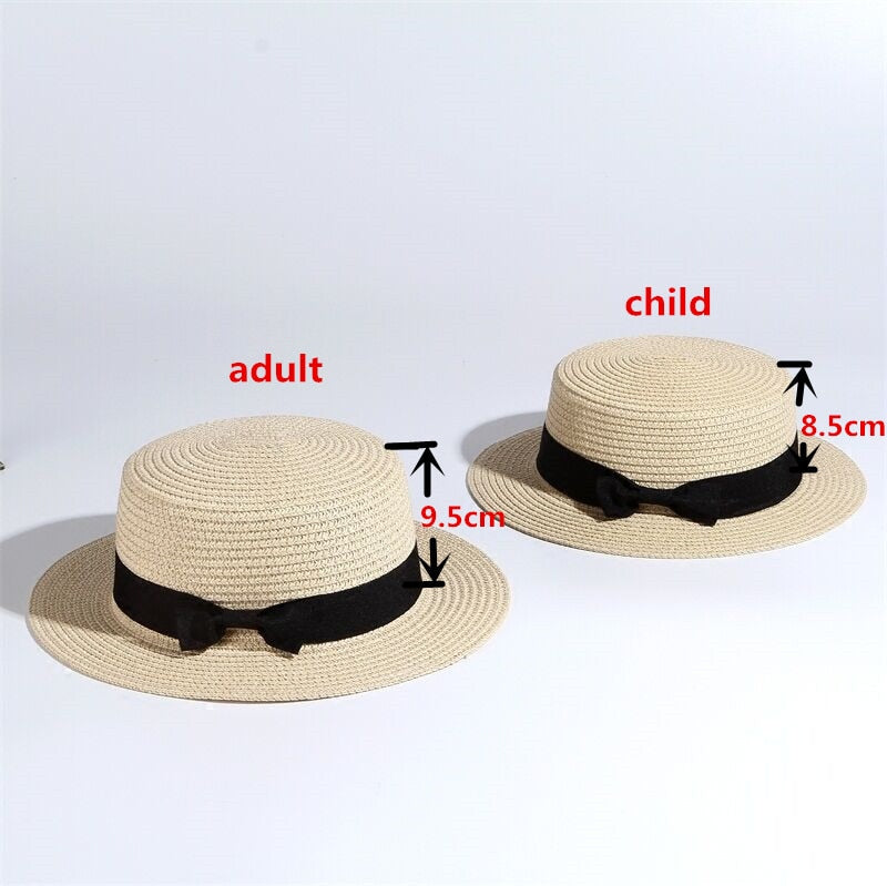 Summer Parent-child Beach Hat Female Casual Panama Hat Lady Brand Women Flat brim Bowknot Straw cap girls Sun Hat