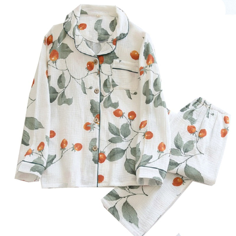 Spring New Ladies Pajamas Set Heart Printed Crepe Cotton Double-layer Gauze Turn-down Collar Long-sleeve Trousers Household Wear