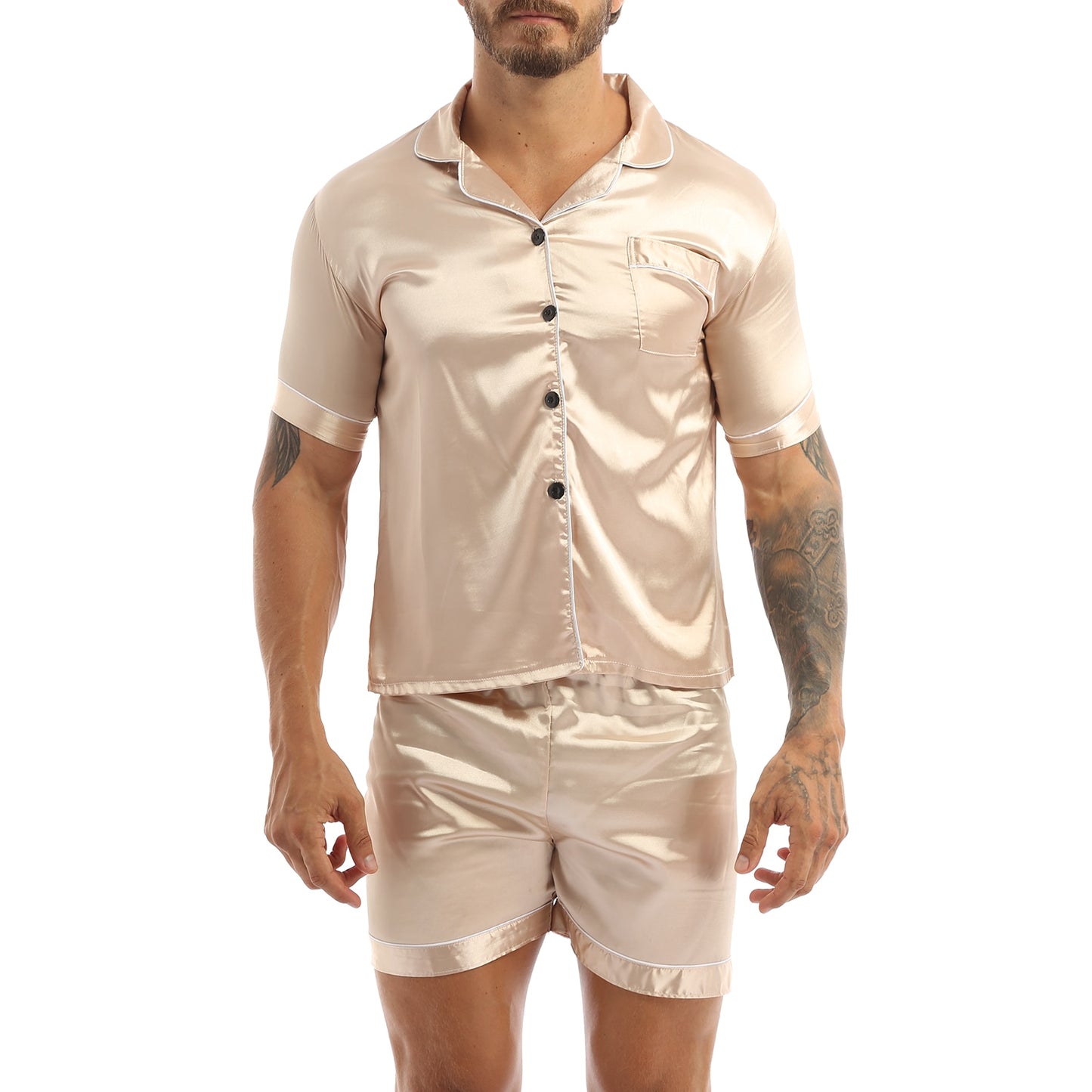 Fashion Mens Silky Satin Pajamas Set Solid Color Short Sleeves Button T-Shirt Tops with Elastic Waistband Boxer Shorts Sleepwear