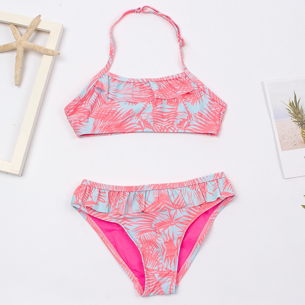 Children Girls Bikini Set 2023 Falbala Two-Pieces Swimming Suit Summer Halter Kids Girl Swimwear Swimsuit Bandage Bathing Suit