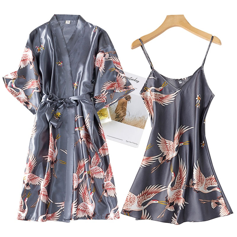 Sexy Nightwear Gown Set Women 2PC Pyjama V-Neck Pajamas Silky Sleepwear Spring Lady Sleep Suit Robe Wear Home Negligee Homewear