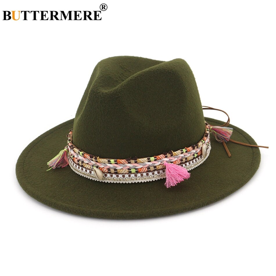 BUTTERMERE Womens Fedora Hat Wool Khaki Jazz Hats Female National Casual Large Brim Vintage Autumn Classic Felt Hat And Cap