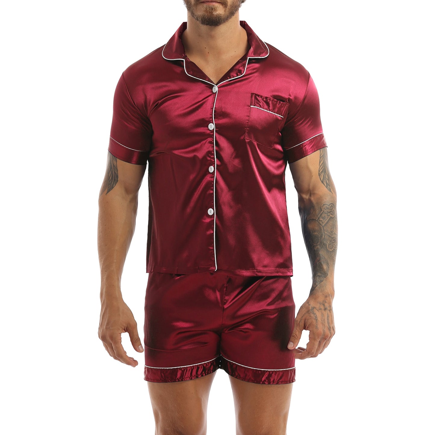 Fashion Mens Silky Satin Pajamas Set Solid Color Short Sleeves Button T-Shirt Tops with Elastic Waistband Boxer Shorts Sleepwear