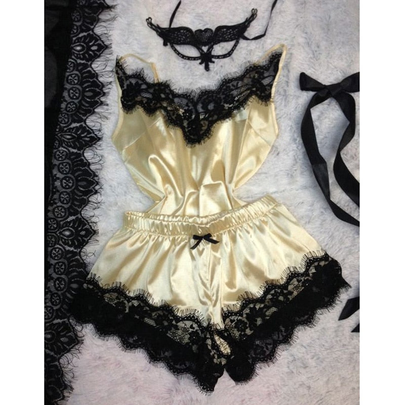New Arrivals Sexy Lace Satin Pajama Sets Women's Sleepwear Sleeveless Tops+Shorts Sets Pyjama Sets For Women Pijama Nightwear