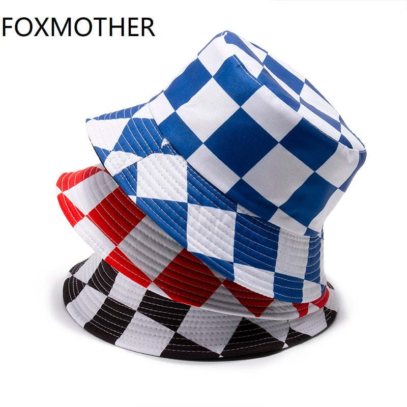 FOXMOTHER New Fashion Black Red Blue Plaid Check Bucket Hats Hip Hop Mens Panama Fisherman Caps